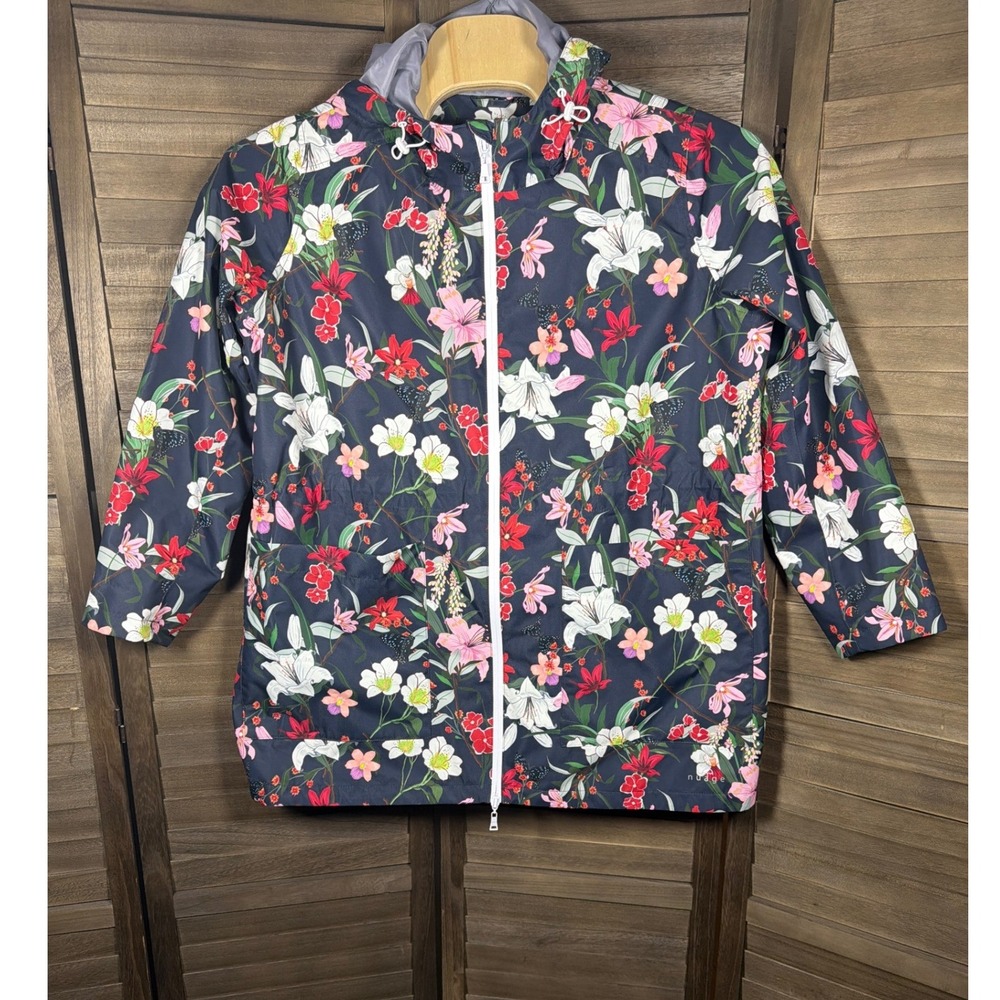 Nuage Women 1X Floral Butterfly Hooded Rain Jacket Navy Blue Full Zip Mesh Lined